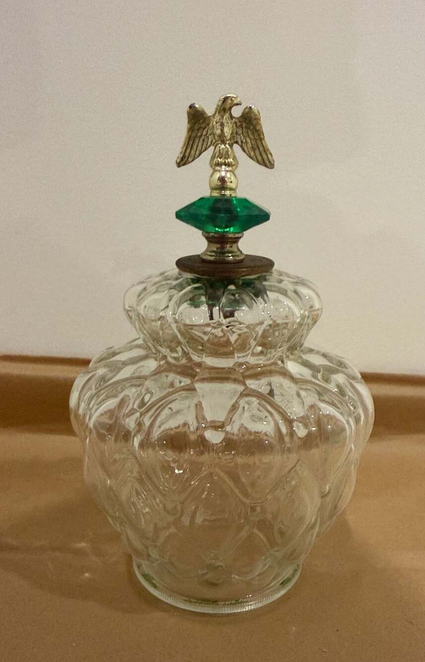 Vintage Clear Glass Decanter With Eagle And Green Jewel Finial